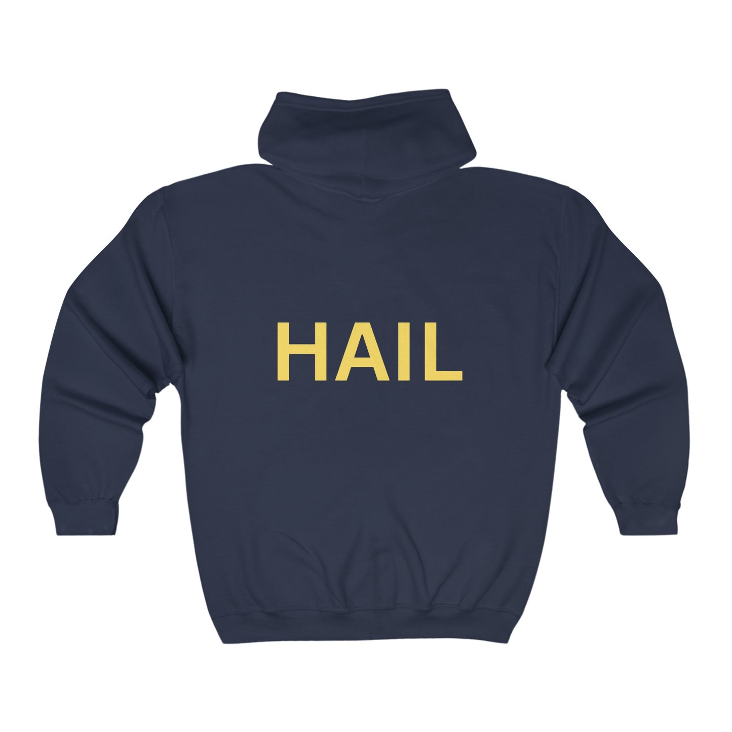 Hail Unisex Heavy Blend™ Full Zip Hooded Sweatshirt with the word "HAIL" in University of Michigan colors.