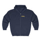 Hail Unisex Heavy Blend™ Full Zip Hooded Sweatshirt with the word "HAIL" in University of Michigan colors.